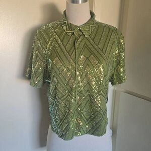 Fever City Unisex Olive/Grn/Gold Snap Frt. Sequin Shirt, Short Slv. Sample, NWOT